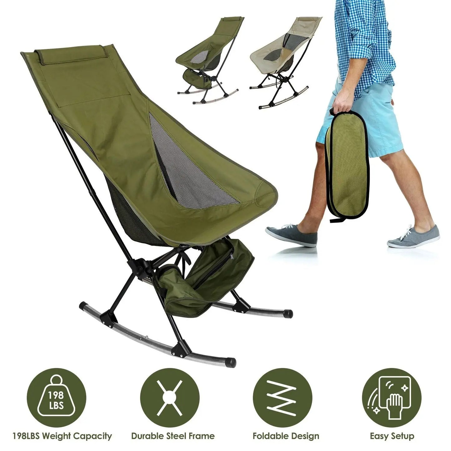 Portable Camping Rocking Chair 198LBS Weight Capacity Included Carry Bag High Back Rocker Chair For Patio Fishing Beach Lawn Travel Doba