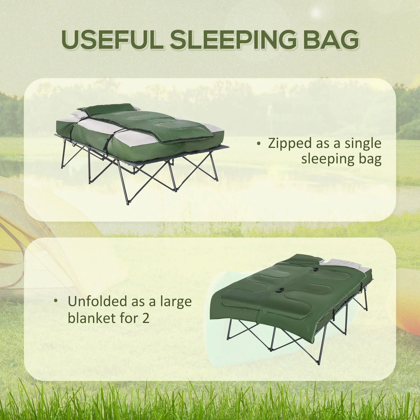Outsunny 2-Person Folding Camping Cot Portable Outdoor Bed Set with Sleeping Bag, Inflatable Air Mattress, Comfort Pillows and Carry Bag, Soft and Comfortable for Outdoor Travel Camp Beach Vacation Doba