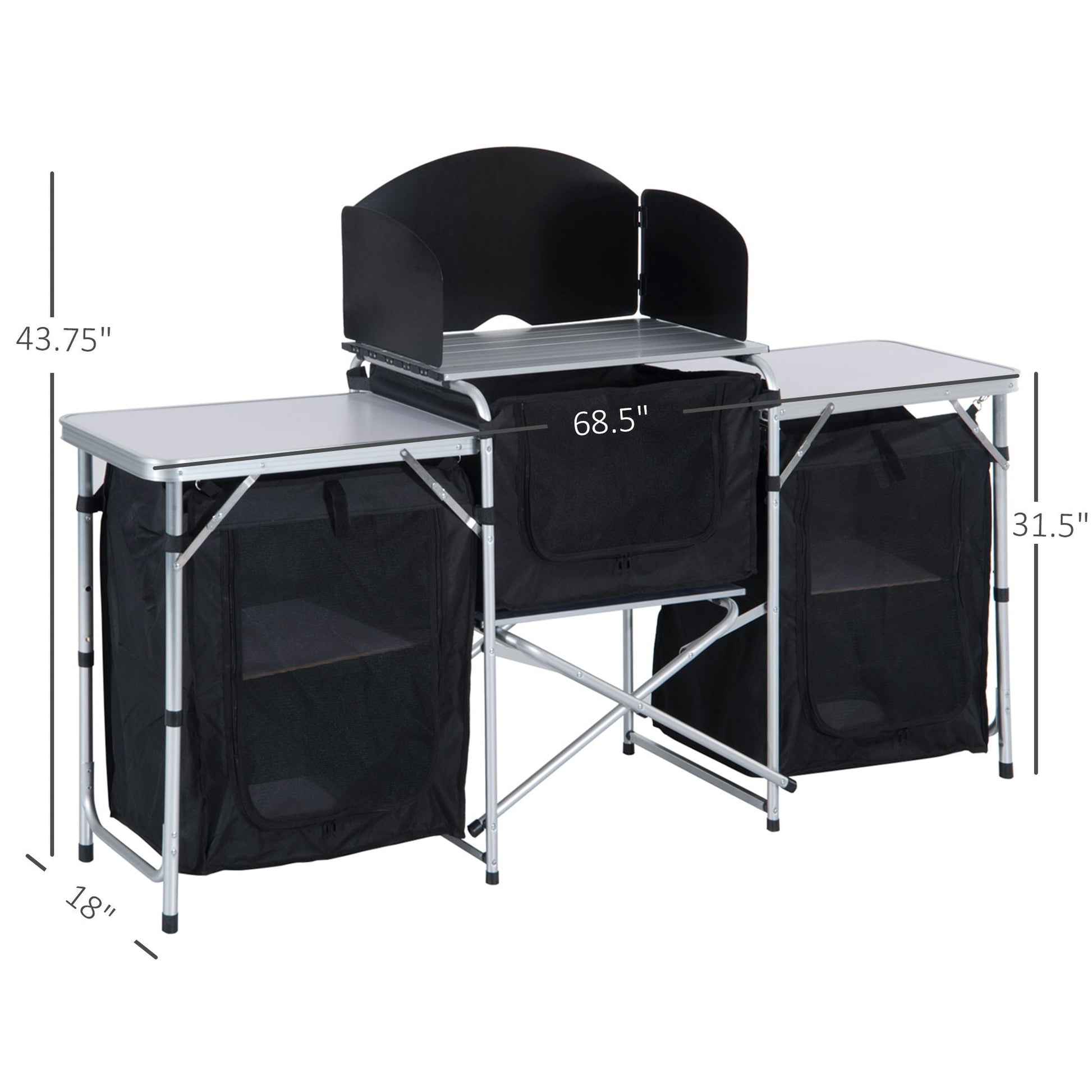 Outsunny Aluminum Portable Camping Kitchen Fold-Up Cooking Table With Windscreen and 3 Enclosed Cupboards for BBQ, Party, Picnics, Backyards Doba