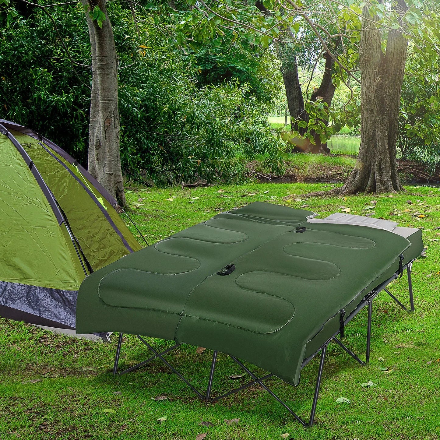 Outsunny 2-Person Folding Camping Cot Portable Outdoor Bed Set with Sleeping Bag, Inflatable Air Mattress, Comfort Pillows and Carry Bag, Soft and Comfortable for Outdoor Travel Camp Beach Vacation Doba
