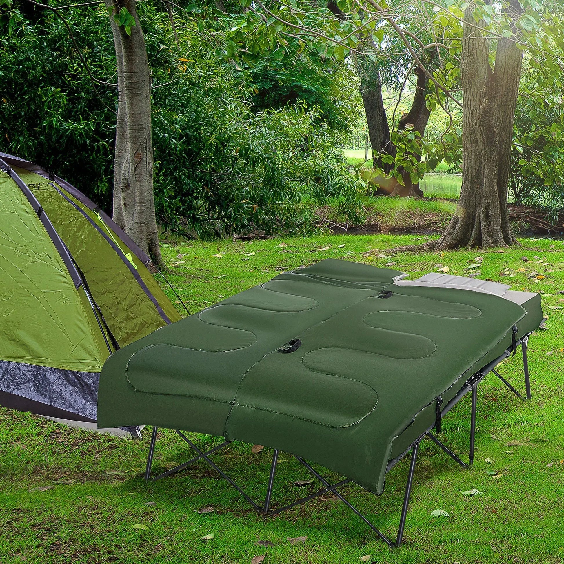 Outsunny 2-Person Folding Camping Cot Portable Outdoor Bed Set with Sleeping Bag, Inflatable Air Mattress, Comfort Pillows and Carry Bag, Soft and Comfortable for Outdoor Travel Camp Beach Vacation Doba