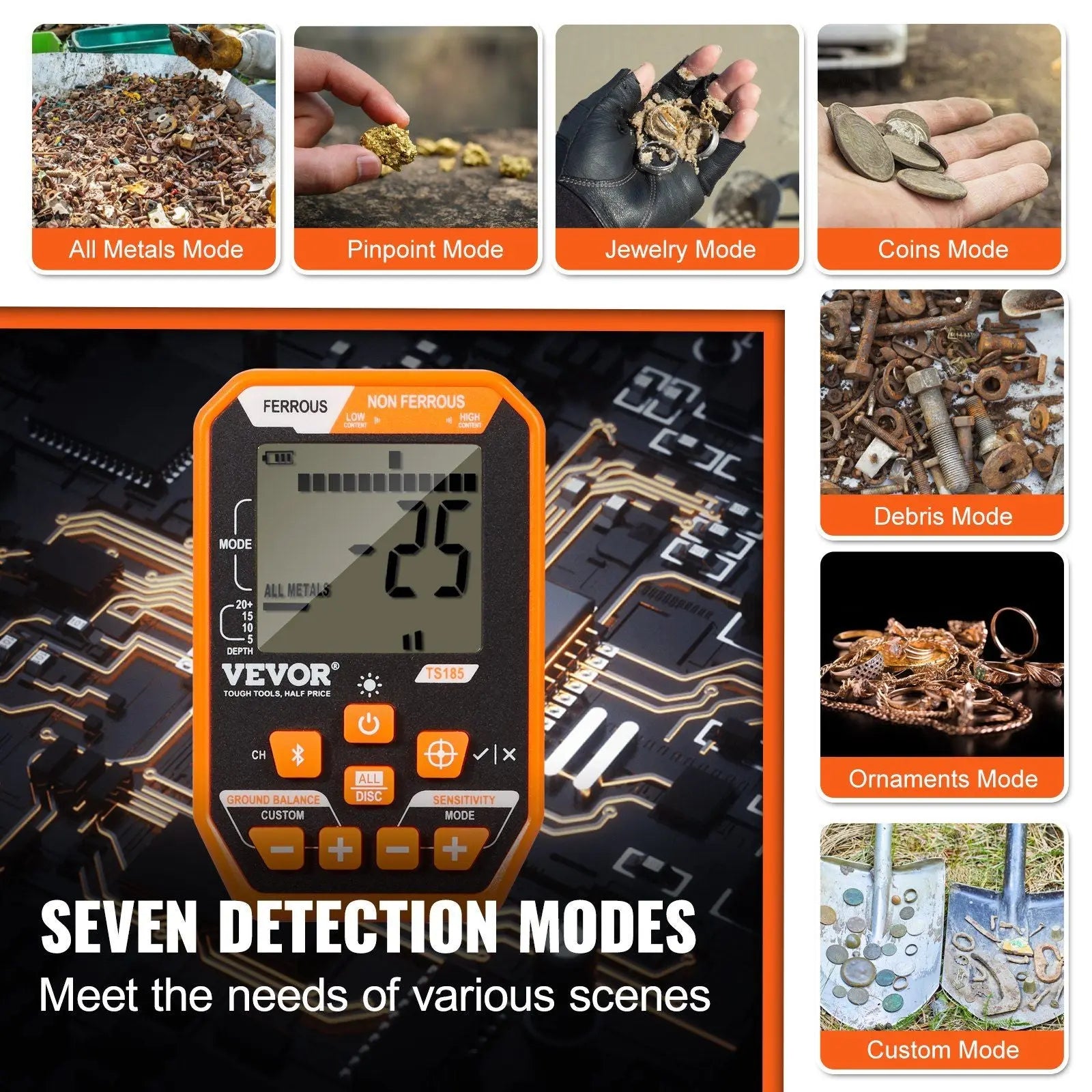 VEVOR Waterproof Metal Detector, 12" Coil, Professional Rechargeable Gold Detector, 39-50 in Adjustable with LCD 7 Modes Advanced DSP Chip Bluetooth Headset, IP68 for Detecting Gold Treasure Hunting Doba