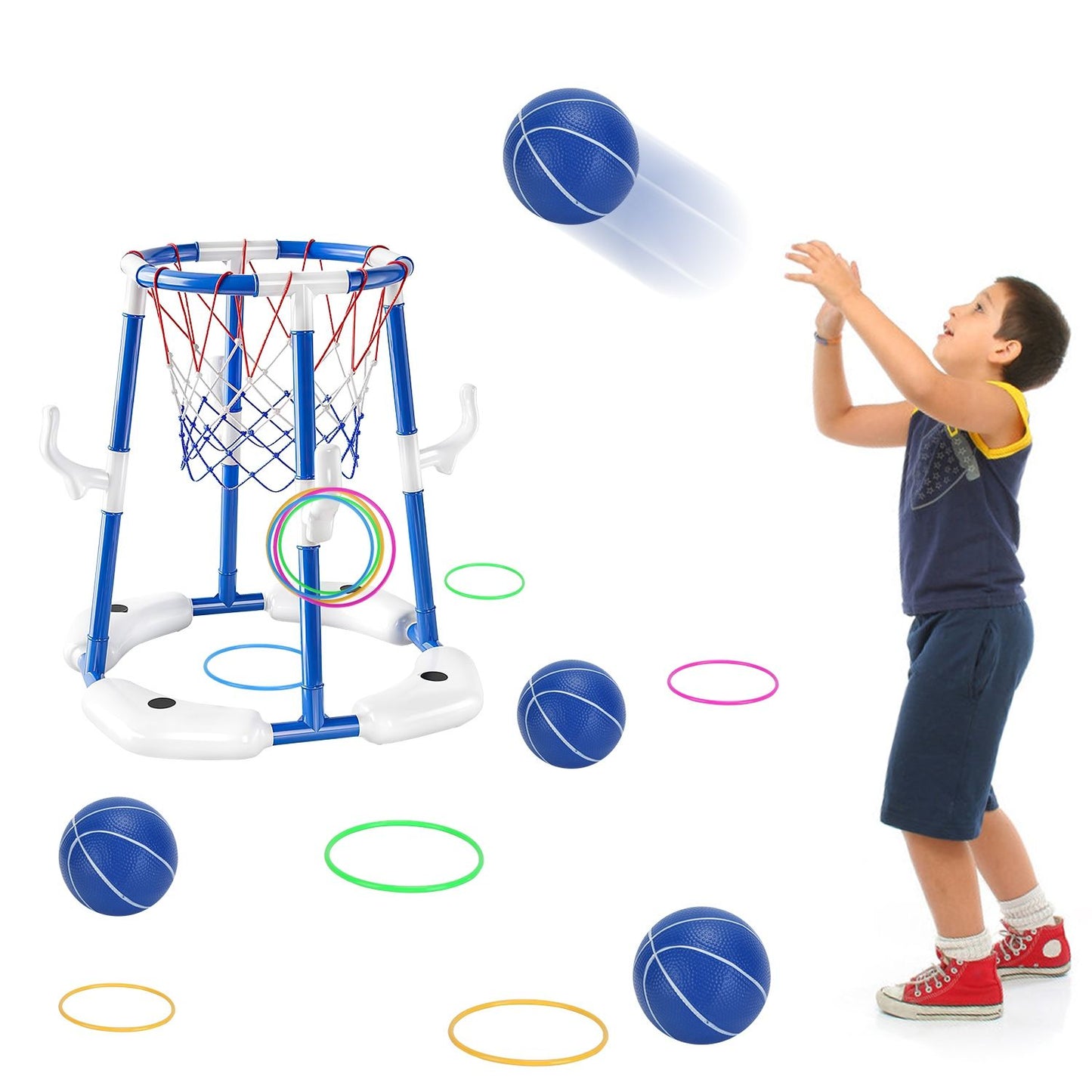 Summer Pool Basketball Hoop Toy Set With 4 Basketballs 4 Circles Pump Floating Swimming Pool Basketball Games Poolside Water Play Toy For 3-12Years Old Kids Adults - Freetyme Store