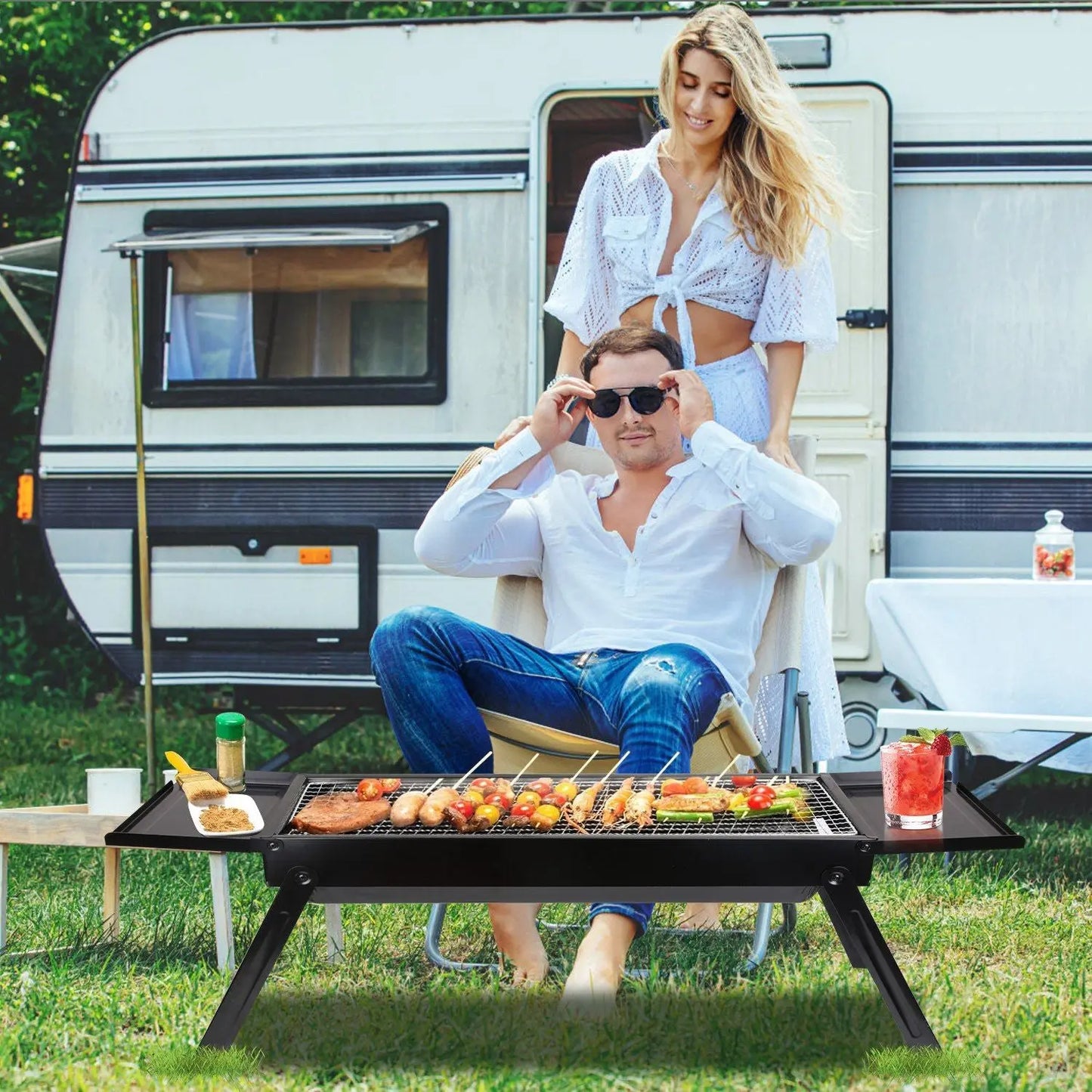 Foldable Charcoal BBQ Grill with Shelf Stainless Steel Grill Net Easy Setup Portable Tabletop Barbecue Grill for Camping Picnic Outdoor Party Backyard Doba