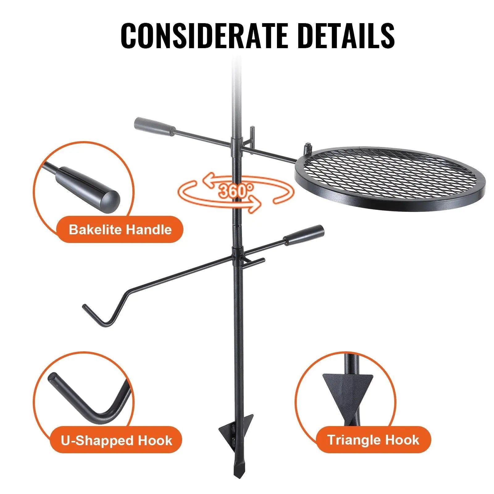 VEVOR Swivel Campfire Grill, Fire Pit Grill Grate over Fire Pits, Heavy Duty Steel Grill Grates, 360° Adjustable Open Fire Outdoor Cooking Equipment, Portable Camp Fire Racks for Camping Outdoor BBQ Doba