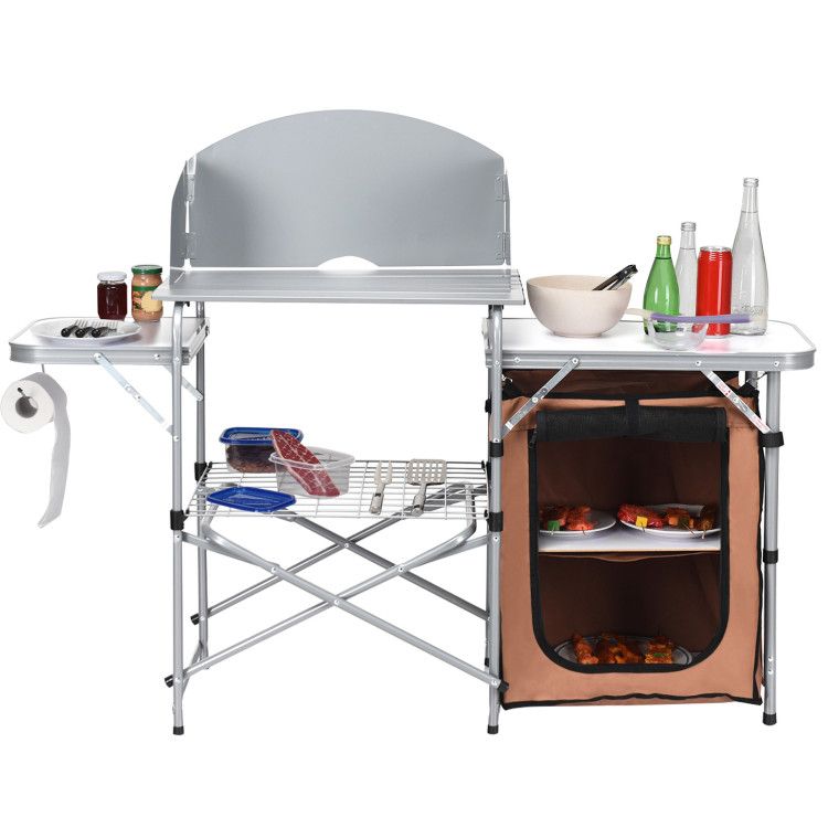 Foldable Outdoor BBQ Portable Grilling Table with Windscreen Bag Doba