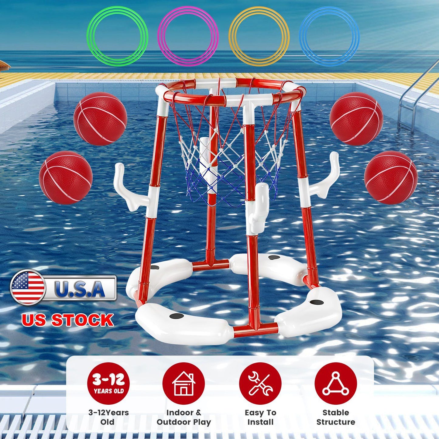 Summer Pool Basketball Hoop Toy Set With 4 Basketballs 4 Circles Pump Floating Swimming Pool Basketball Games Poolside Water Play Toy For 3-12Years Old Kids Adults - Freetyme Store