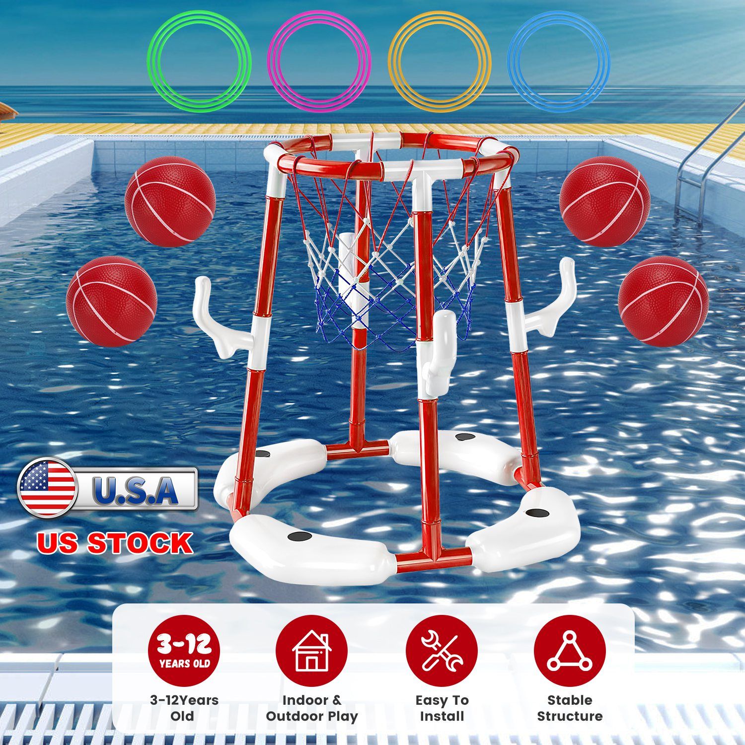 Summer Pool Basketball Hoop Toy Set With 4 Basketballs 4 Circles Pump Floating Swimming Pool Basketball Games Poolside Water Play Toy For 3-12Years Old Kids Adults - Freetyme Store