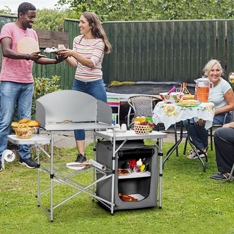 Foldable Outdoor BBQ Portable Grilling Table with Windscreen Bag Doba