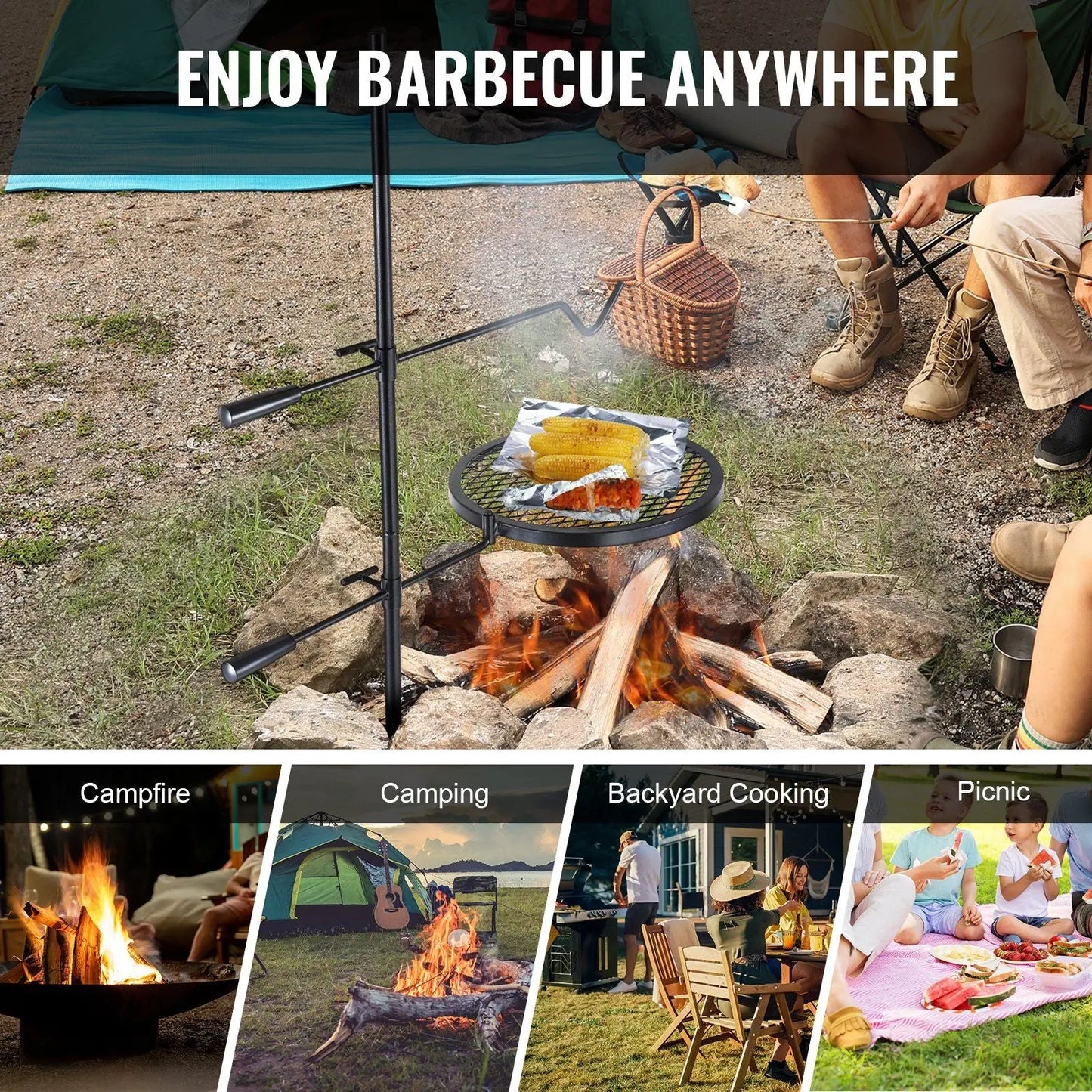VEVOR Swivel Campfire Grill, Fire Pit Grill Grate over Fire Pits, Heavy Duty Steel Grill Grates, 360° Adjustable Open Fire Outdoor Cooking Equipment, Portable Camp Fire Racks for Camping Outdoor BBQ Doba