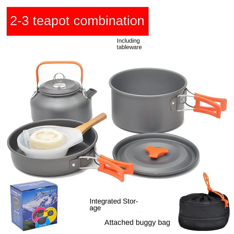 Outdoor portable 2-3 person camping stove cover pot picnic cooker non stick pot teapot combination set including tableware Doba
