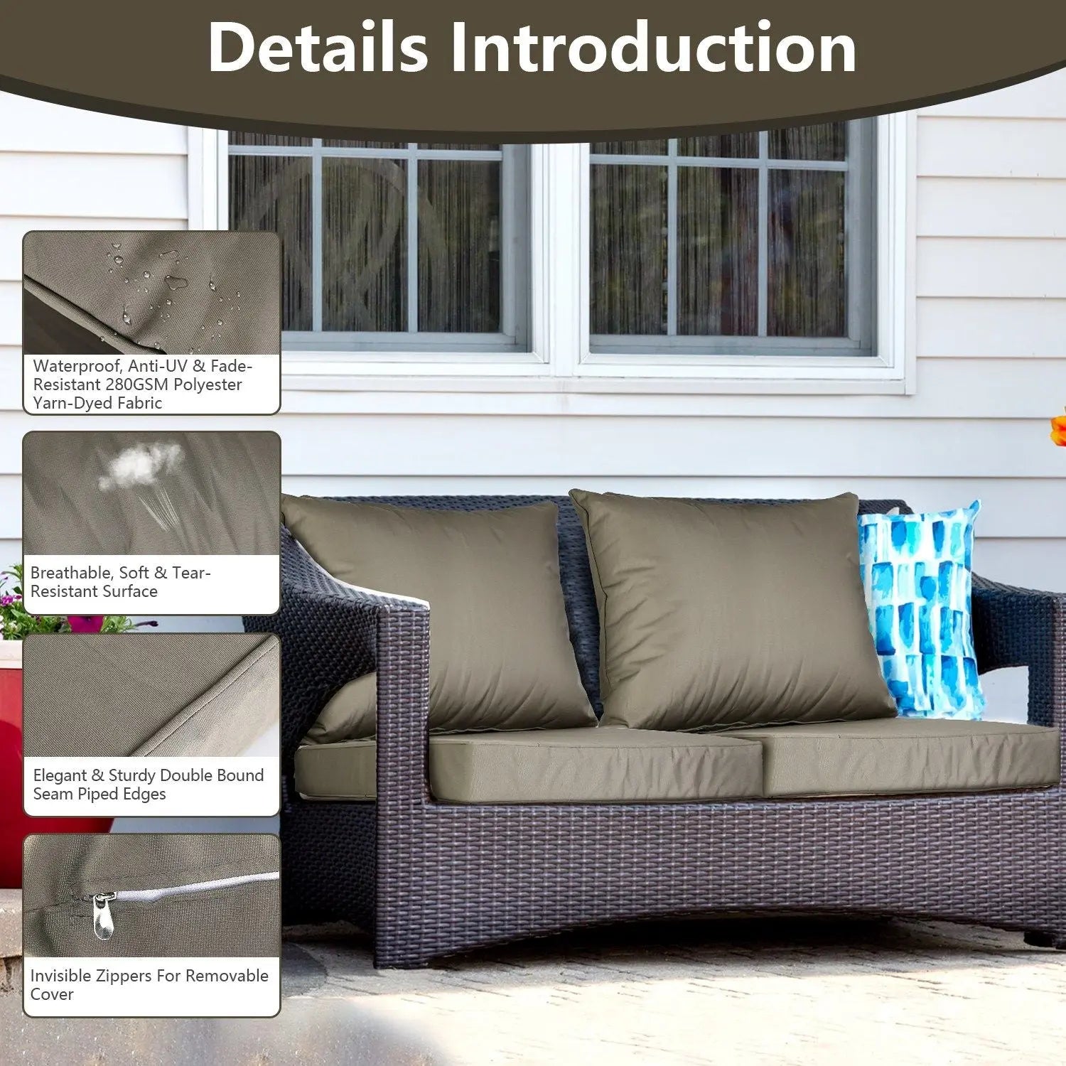 Outdoor Seat Cushion Set Waterproof Patio Furniture Cushion and Back Pillow Fade Resistant Deep Seat Set Chair Pad with Removable Cover for Chair Sofa Couch Doba