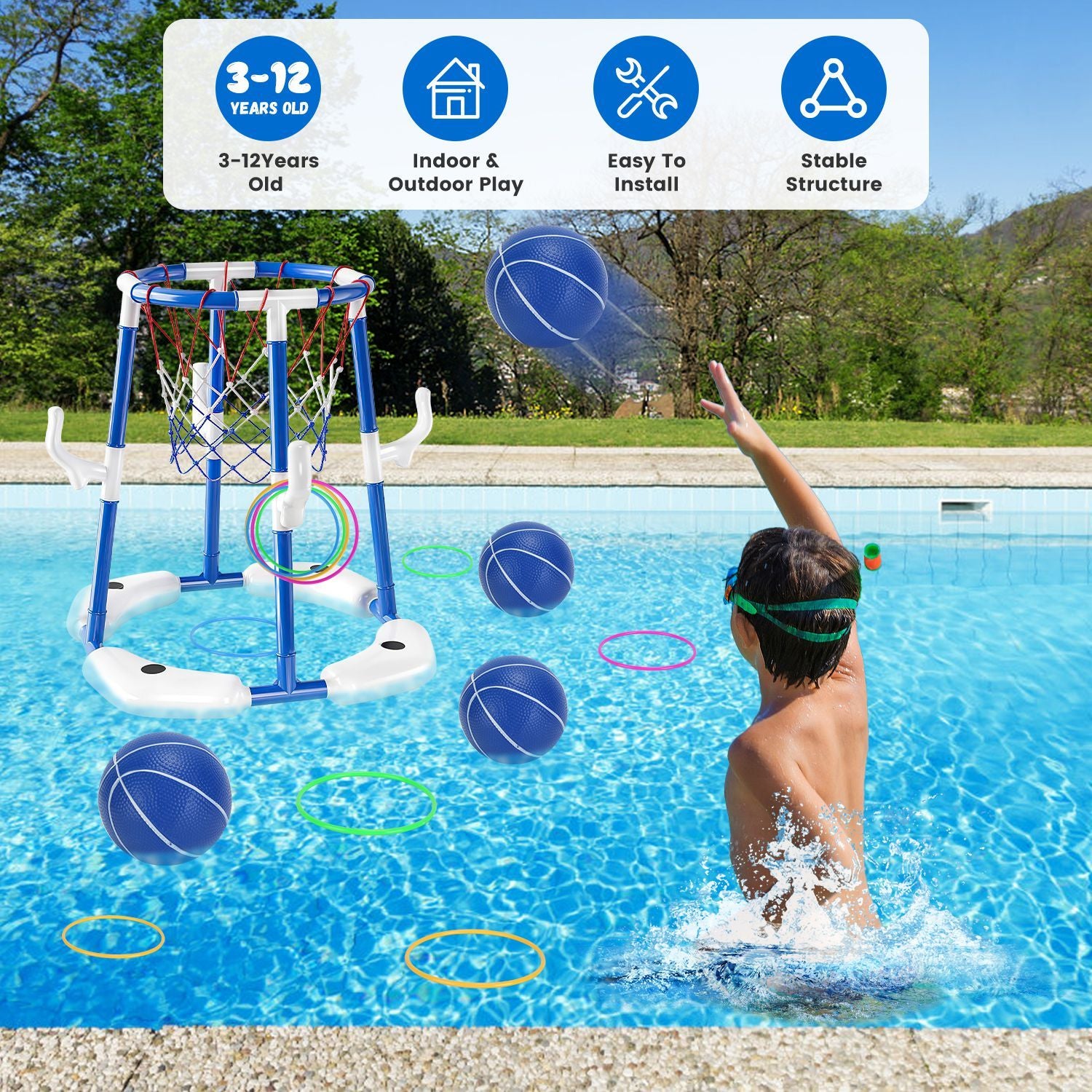 Summer Pool Basketball Hoop Toy Set With 4 Basketballs 4 Circles Pump Floating Swimming Pool Basketball Games Poolside Water Play Toy For 3-12Years Old Kids Adults - Freetyme Store