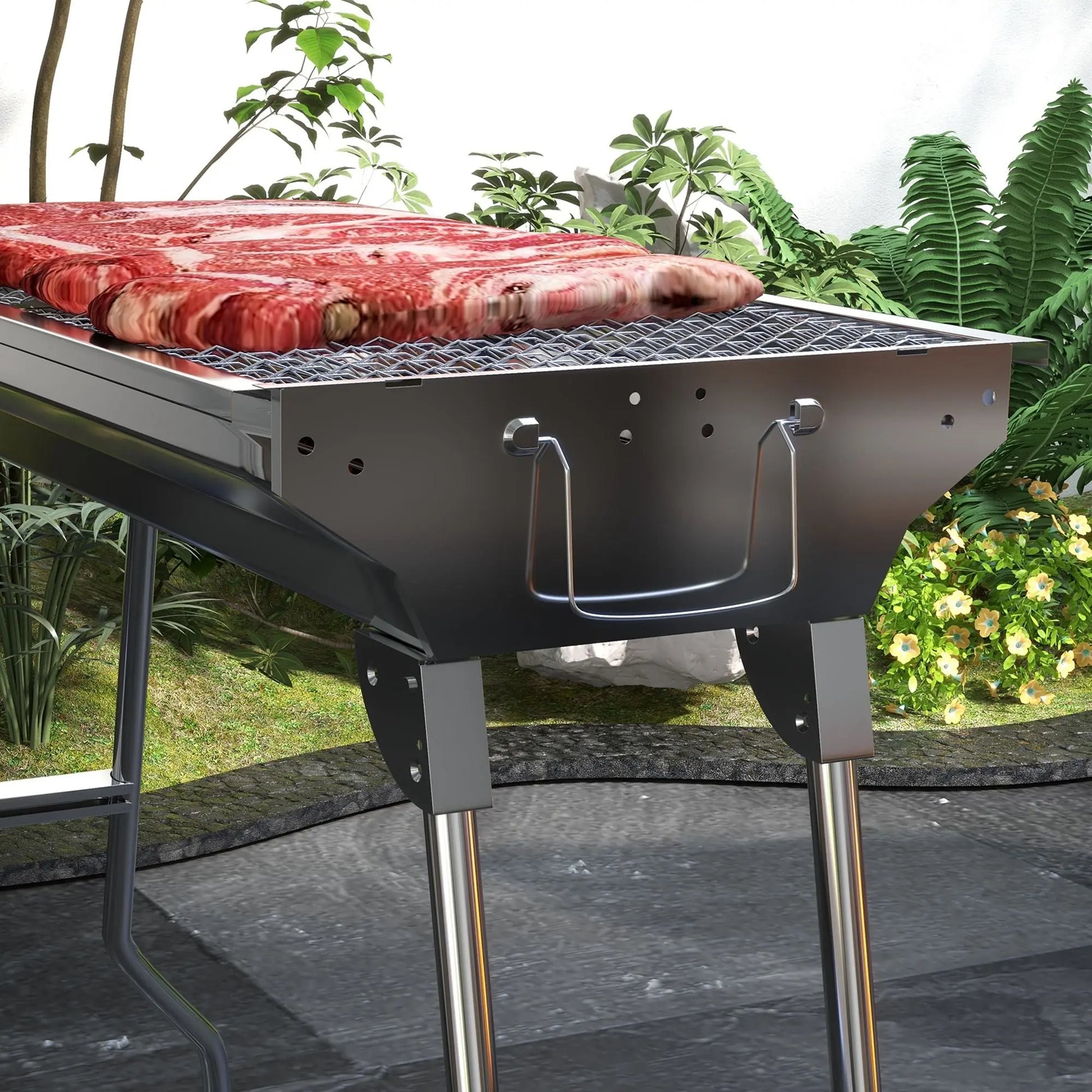 Portable Charcoal Grill, Stainless Steel Folding Outdoor BBQ Grill for Backyard Cooking, Camping, Picnic, Party, Tailgating and Travel with Pan, Grill Rack, Shelves, Hooks Doba
