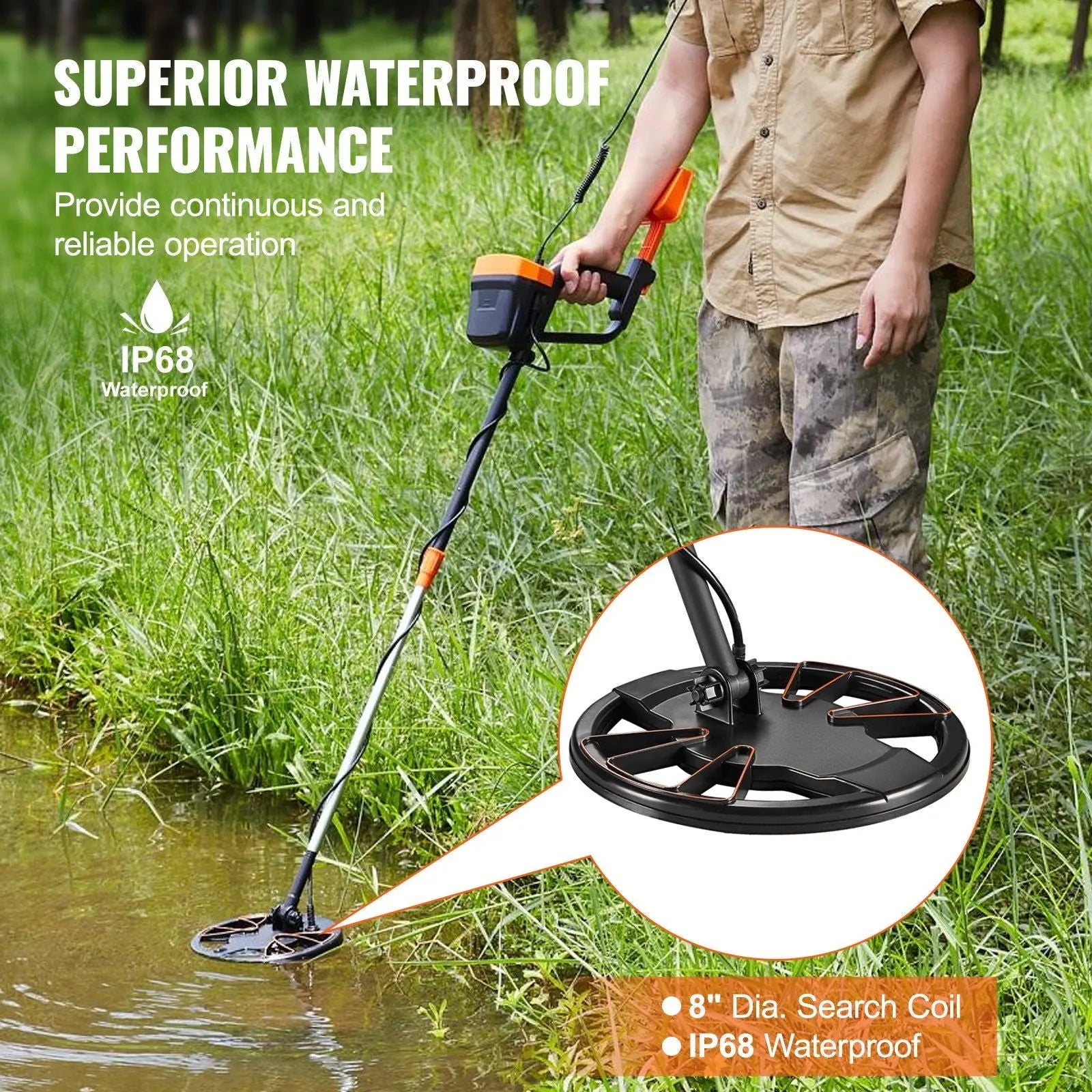 VEVOR Metal Detector for Adults & Kids, 8 Inch Waterproof Search Coil with High Accuracy Pointer Display, Adjustable 38''-49'' Gold Detector, Lightweight Aluminum Stem for Detecting Gold Treasure Doba