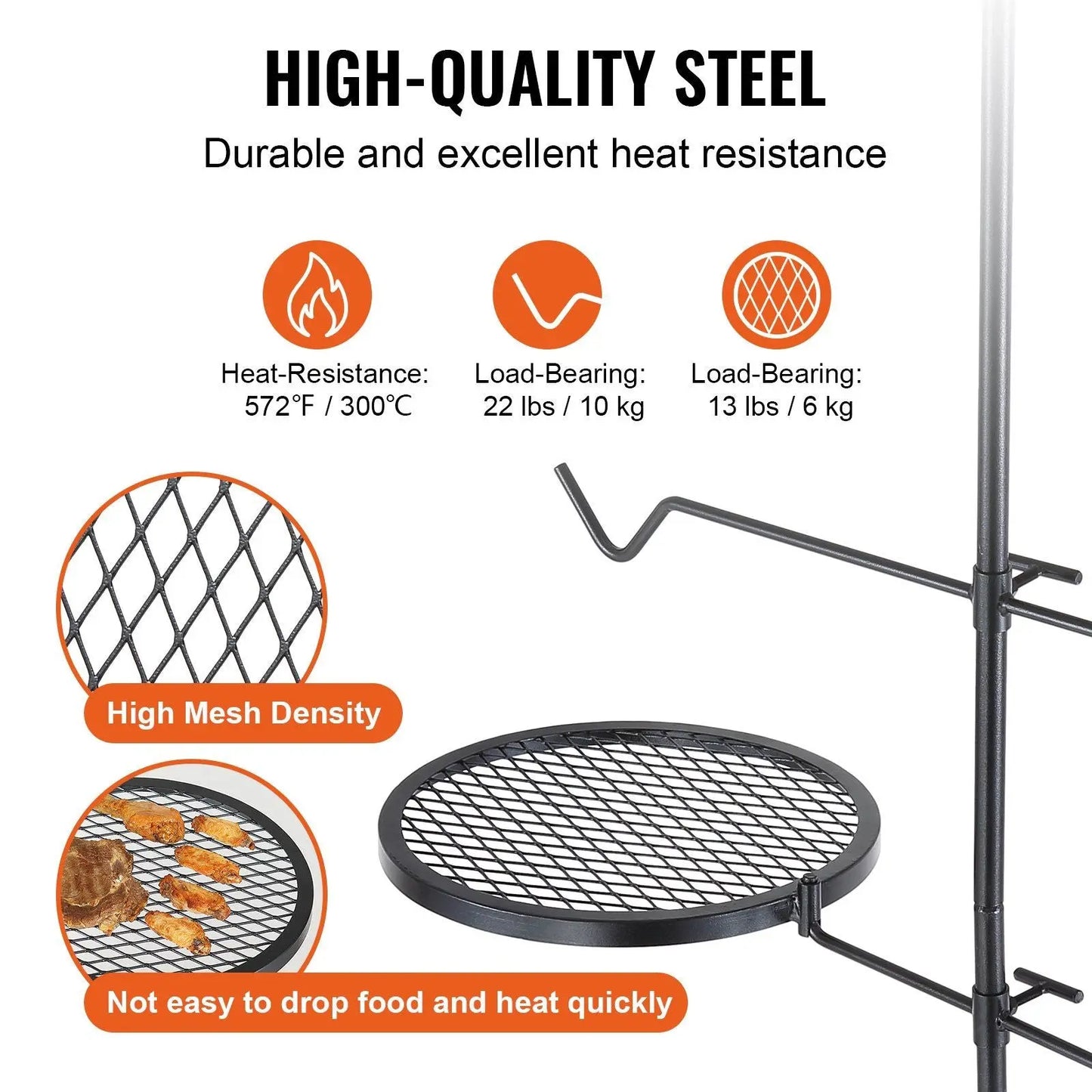 VEVOR Swivel Campfire Grill, Fire Pit Grill Grate over Fire Pits, Heavy Duty Steel Grill Grates, 360° Adjustable Open Fire Outdoor Cooking Equipment, Portable Camp Fire Racks for Camping Outdoor BBQ Doba