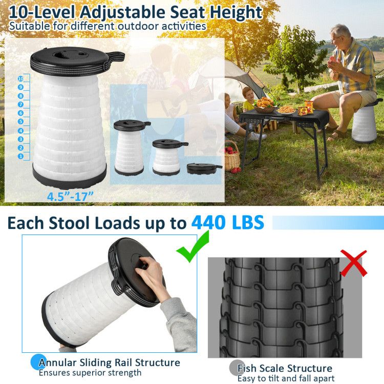 3 Pieces Folding Camping Table Stool Set with 2 Retractable LED Stools Doba
