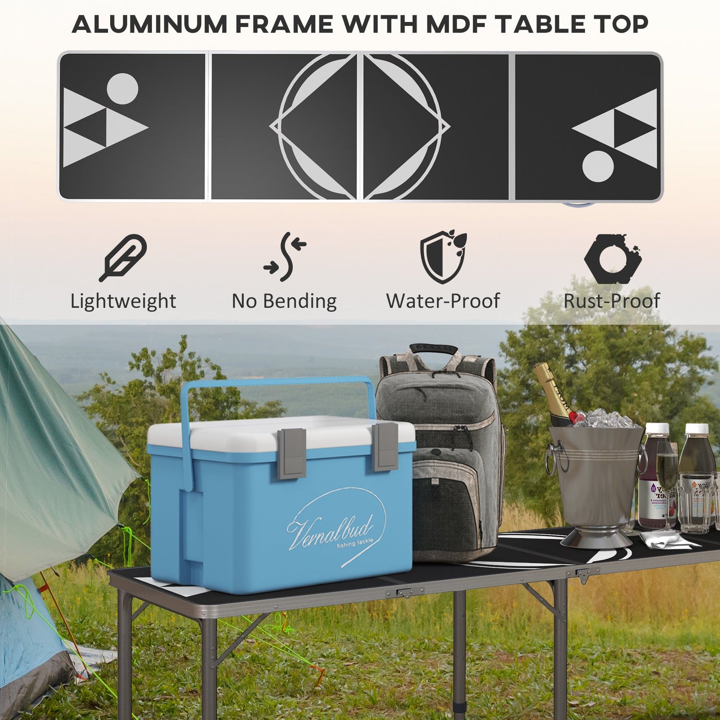Outsunny 8ft Portable Beer Pong Table with Adjustable Legs, Folding Camping Table, Aluminum Picnic Table, for Party, Travel, BBQ, Beach, Black and White Doba