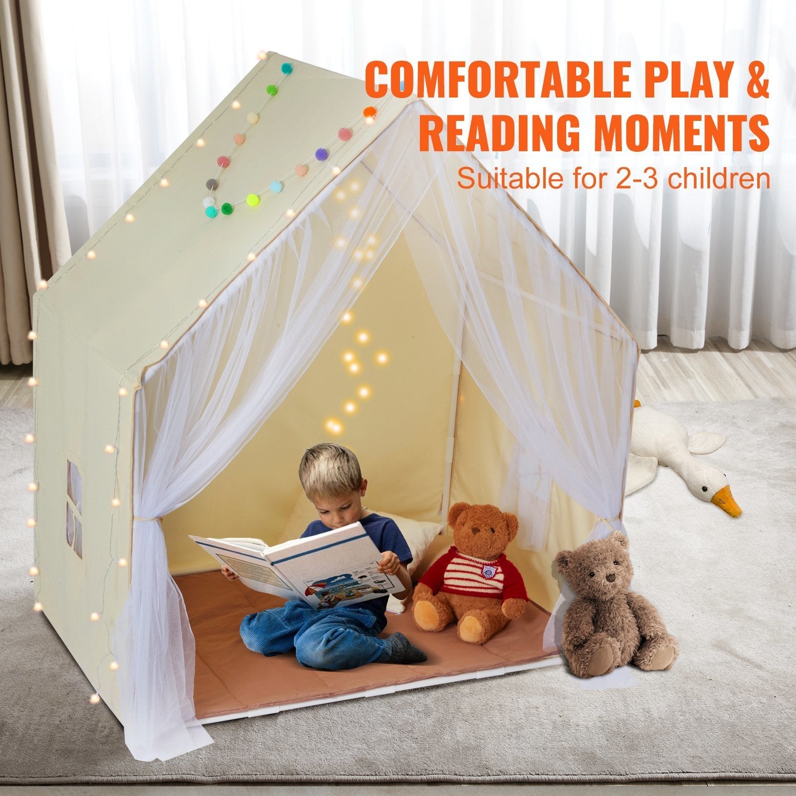 VEVOR Kids Play Tent, Kids Tent for Kids 1-5 Years Old, Toddler Tent with Mat and Tent Lamp, Tent for Kids with Windows for Indoor and Outdoor, Yurt Tent for Boys and Girls, Beige Doba