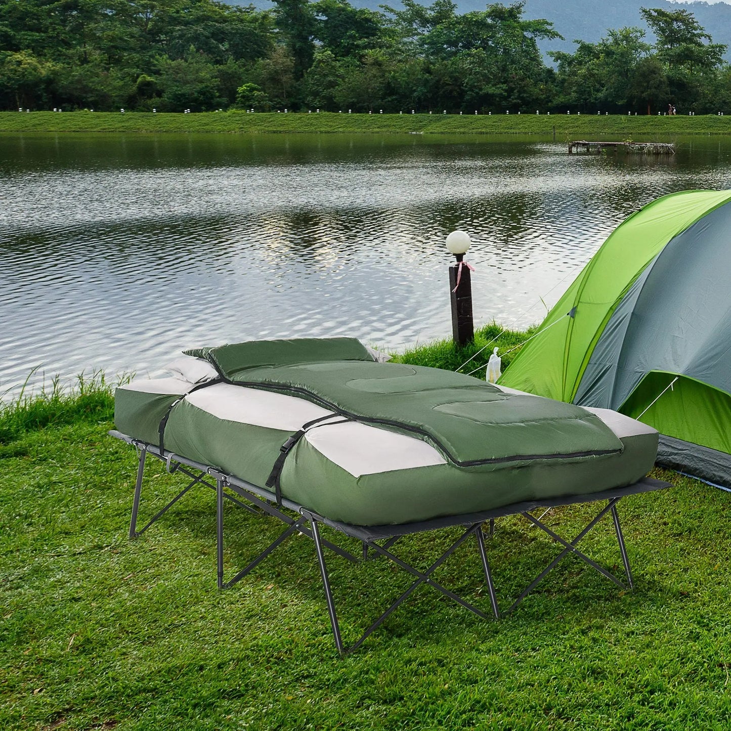 Outsunny 2-Person Folding Camping Cot Portable Outdoor Bed Set with Sleeping Bag, Inflatable Air Mattress, Comfort Pillows and Carry Bag, Soft and Comfortable for Outdoor Travel Camp Beach Vacation Doba