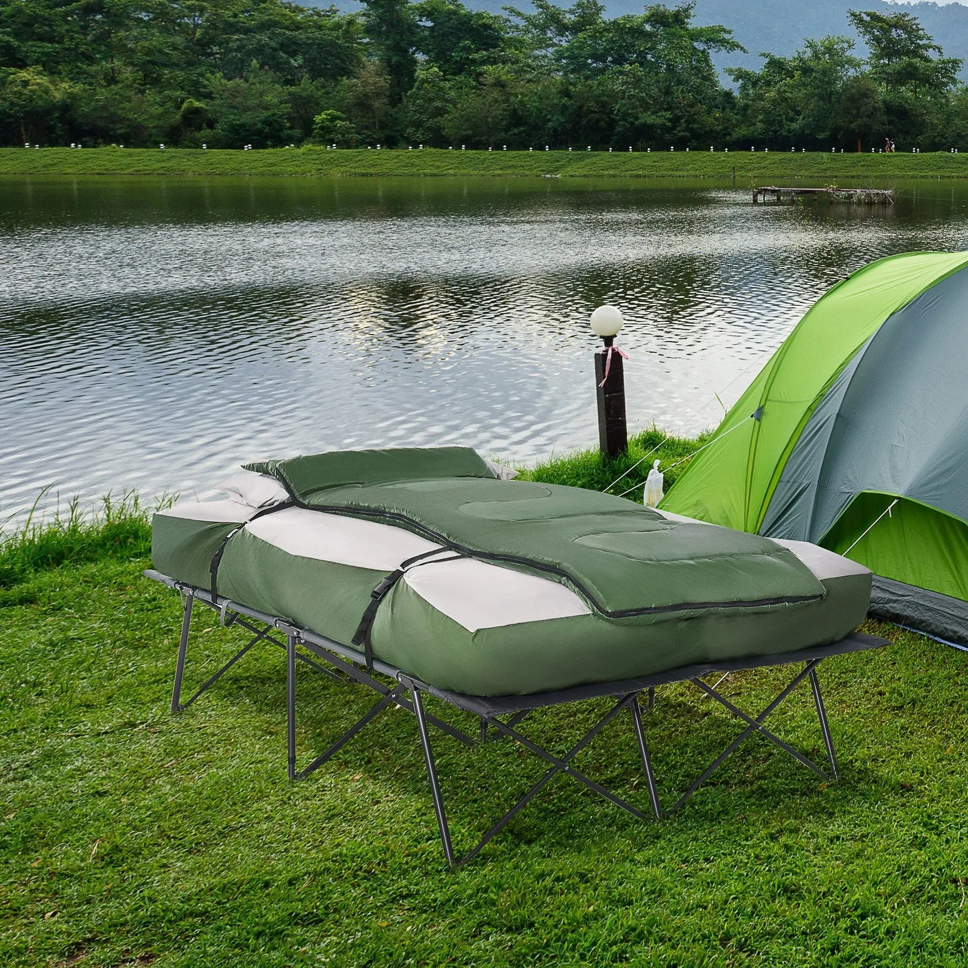 Outsunny 2-Person Folding Camping Cot Portable Outdoor Bed Set with Sleeping Bag, Inflatable Air Mattress, Comfort Pillows and Carry Bag, Soft and Comfortable for Outdoor Travel Camp Beach Vacation Doba