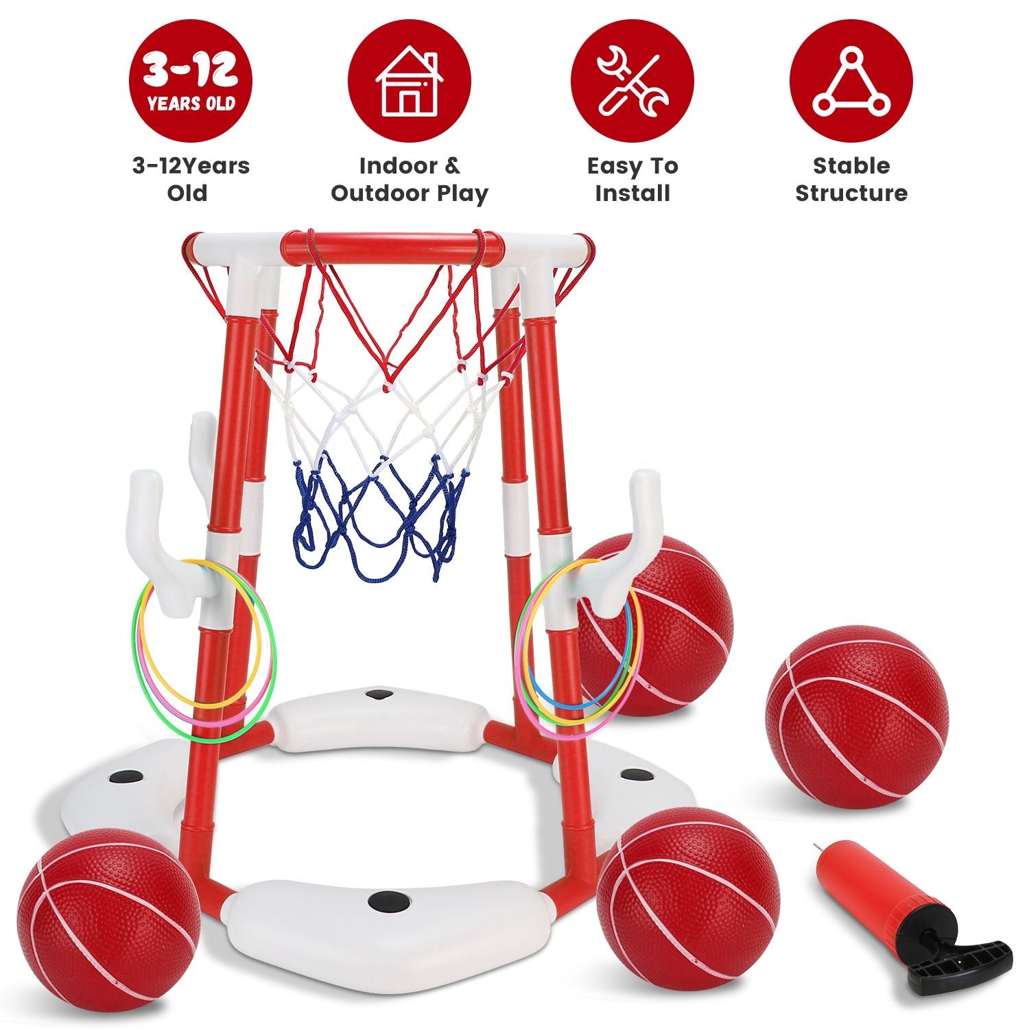 Summer Pool Basketball Hoop Toy Set With 4 Basketballs 4 Circles Pump Floating Swimming Pool Basketball Games Poolside Water Play Toy For 3-12Years Old Kids Adults - Freetyme Store
