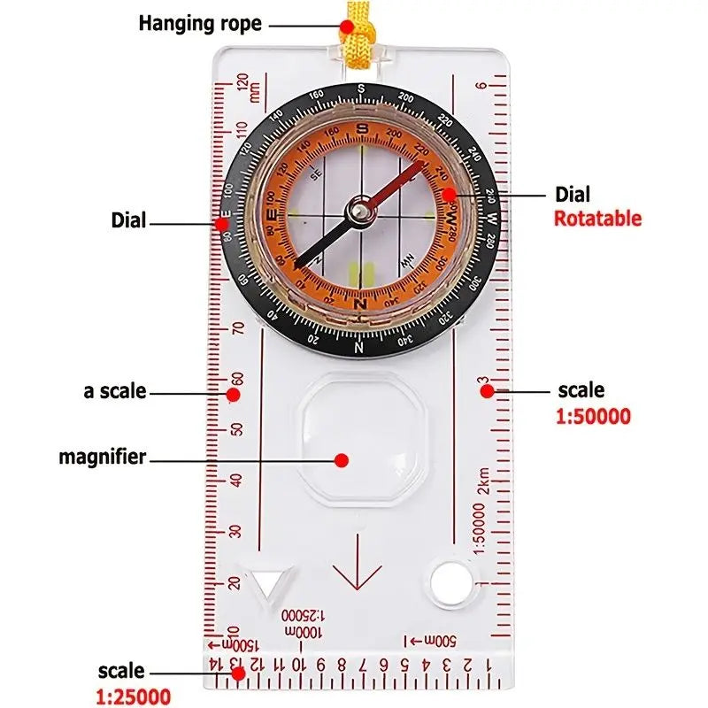Portable Compass With Ruler Scale For Scout Hiking Camping Boating; Orienteering Map; Professional Magnifying Compass Doba