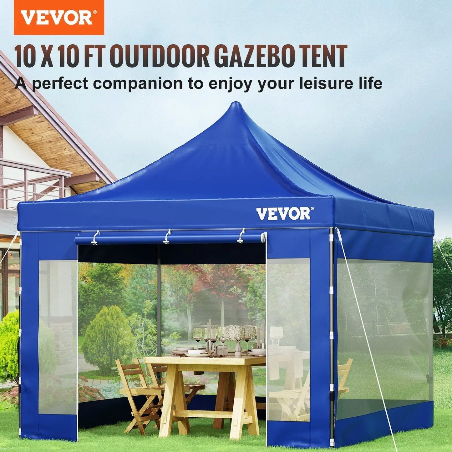 VEVOR Pop Up Canopy Tent, 10 x 10 FT, Outdoor Patio Gazebo Tent with Removable Sidewalls and Wheeled Bag, UV Resistant Waterproof Instant Gazebo Shelter for Party, Garden, Backyard, Blue Doba