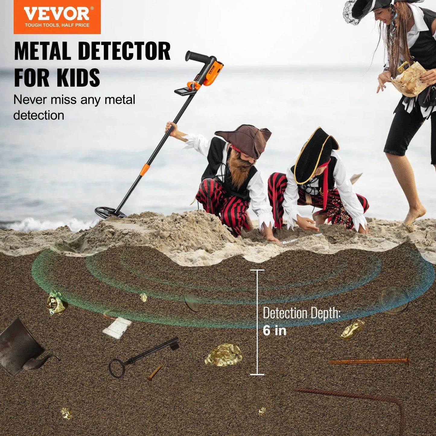 VEVOR Metal Detector for Kids, 6 Inch, 25''-37'' Adjustable Gold Detector, IP68 Waterproof Search Coil with LCD Display Advanced DSP Chip, Lightweight for Junior & Youth Detecting Gold Coin Treasure Doba
