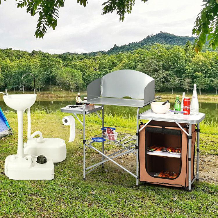 Foldable Outdoor BBQ Portable Grilling Table with Windscreen Bag Doba