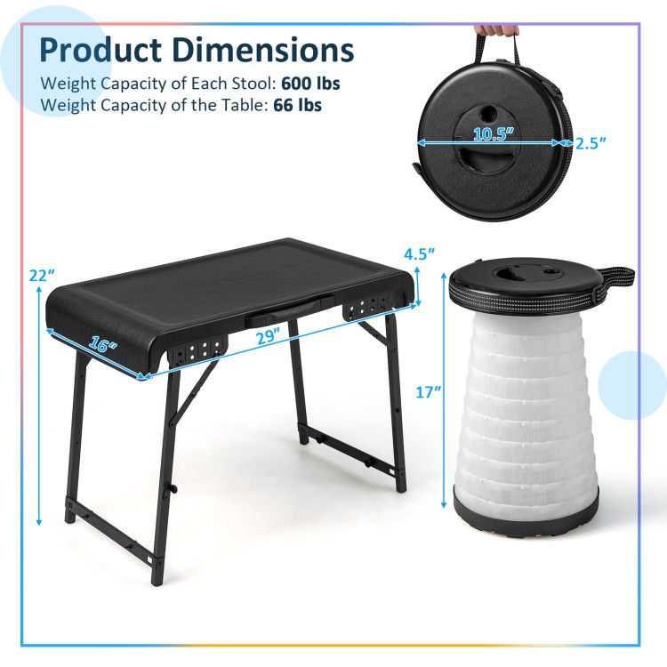 3 Pieces Folding Camping Table Stool Set with 2 Retractable LED Stools Doba