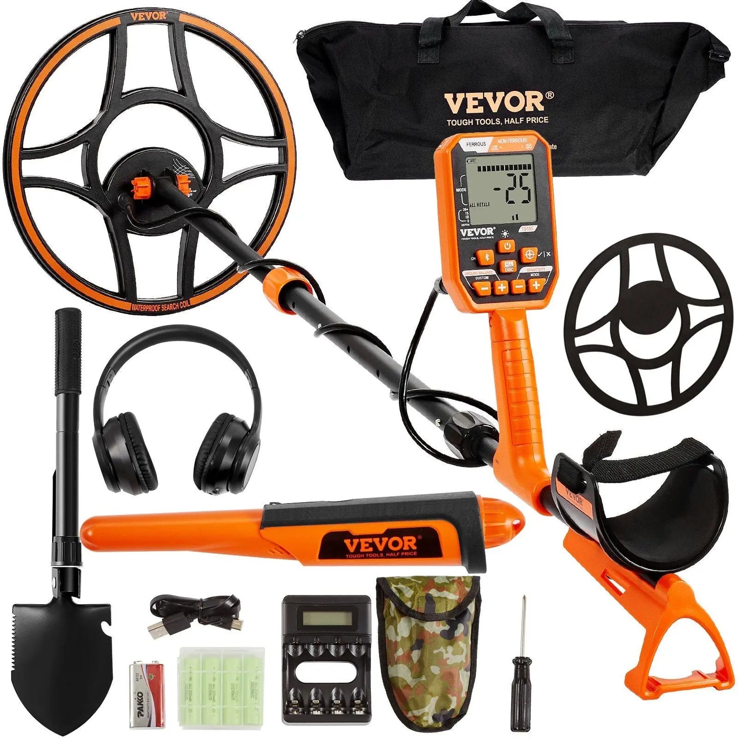 VEVOR Waterproof Metal Detector, 12" Coil, Professional Rechargeable Gold Detector, 39-50 in Adjustable with LCD 7 Modes Advanced DSP Chip Bluetooth Headset, IP68 for Detecting Gold Treasure Hunting Doba