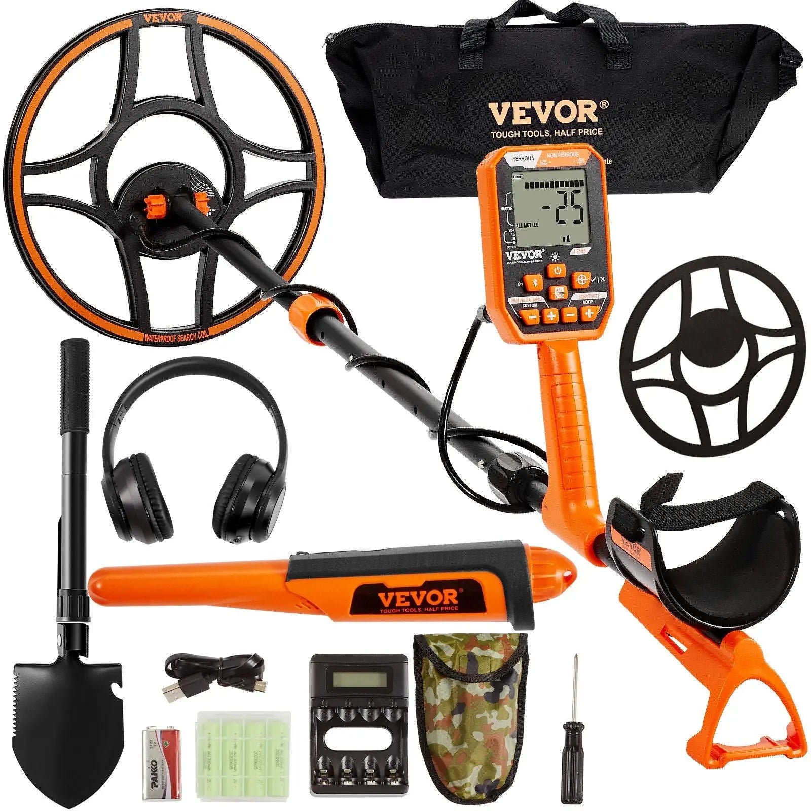 VEVOR Waterproof Metal Detector, 12" Coil, Professional Rechargeable Gold Detector, 39-50 in Adjustable with LCD 7 Modes Advanced DSP Chip Bluetooth Headset, IP68 for Detecting Gold Treasure Hunting Doba