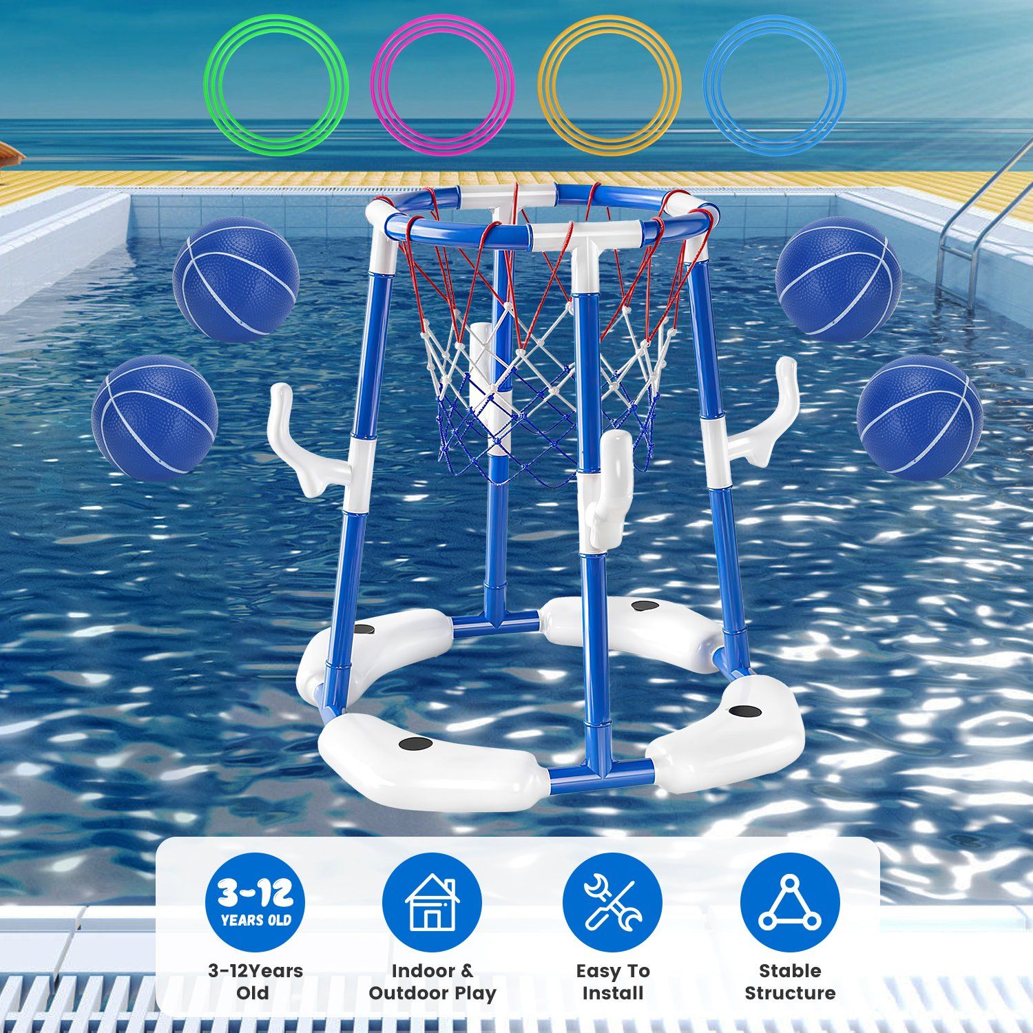 Summer Pool Basketball Hoop Toy Set With 4 Basketballs 4 Circles Pump Floating Swimming Pool Basketball Games Poolside Water Play Toy For 3-12Years Old Kids Adults - Freetyme Store