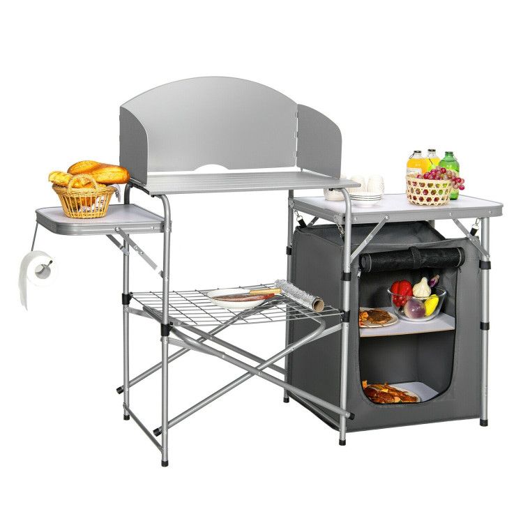 Foldable Outdoor BBQ Portable Grilling Table with Windscreen Bag Doba