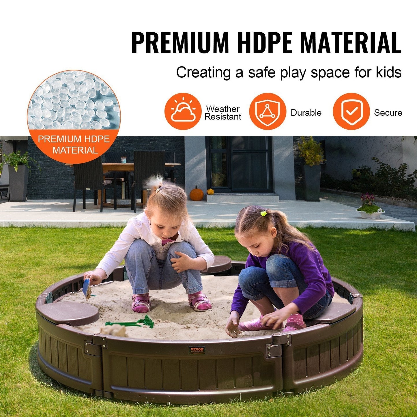 VEVOR Sandbox with Cover, 47.2 x 9.1 in Round Sand Box, HDPE Sand Pit with 3 Corner Seating and Bottom Liner, Kids Sandbox for Outdoor Backyard, Beach, Park, Gift for Boys Girls Ages 3-12, Brown Doba