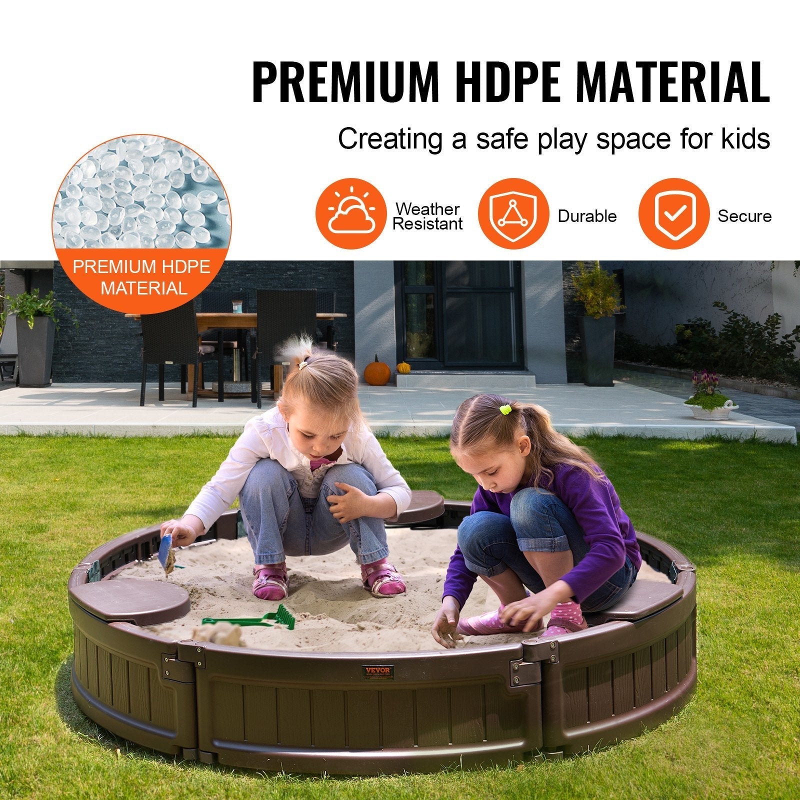 VEVOR Sandbox with Cover, 47.2 x 9.1 in Round Sand Box, HDPE Sand Pit with 3 Corner Seating and Bottom Liner, Kids Sandbox for Outdoor Backyard, Beach, Park, Gift for Boys Girls Ages 3-12, Brown Doba