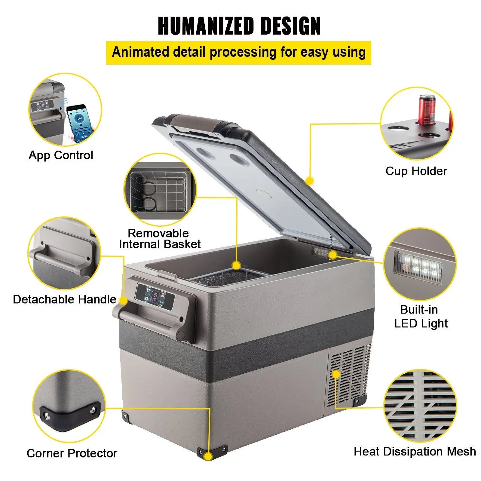 VEVOR 12 Volt Refrigerator 45L(48qt) Fast Cooling Portable Freezer with App Control(-4°F~68°F) Car Fridge with 12/24v DC & 110-240v AC for Travel, Camping and Home Use, 48 Quart, Black Doba