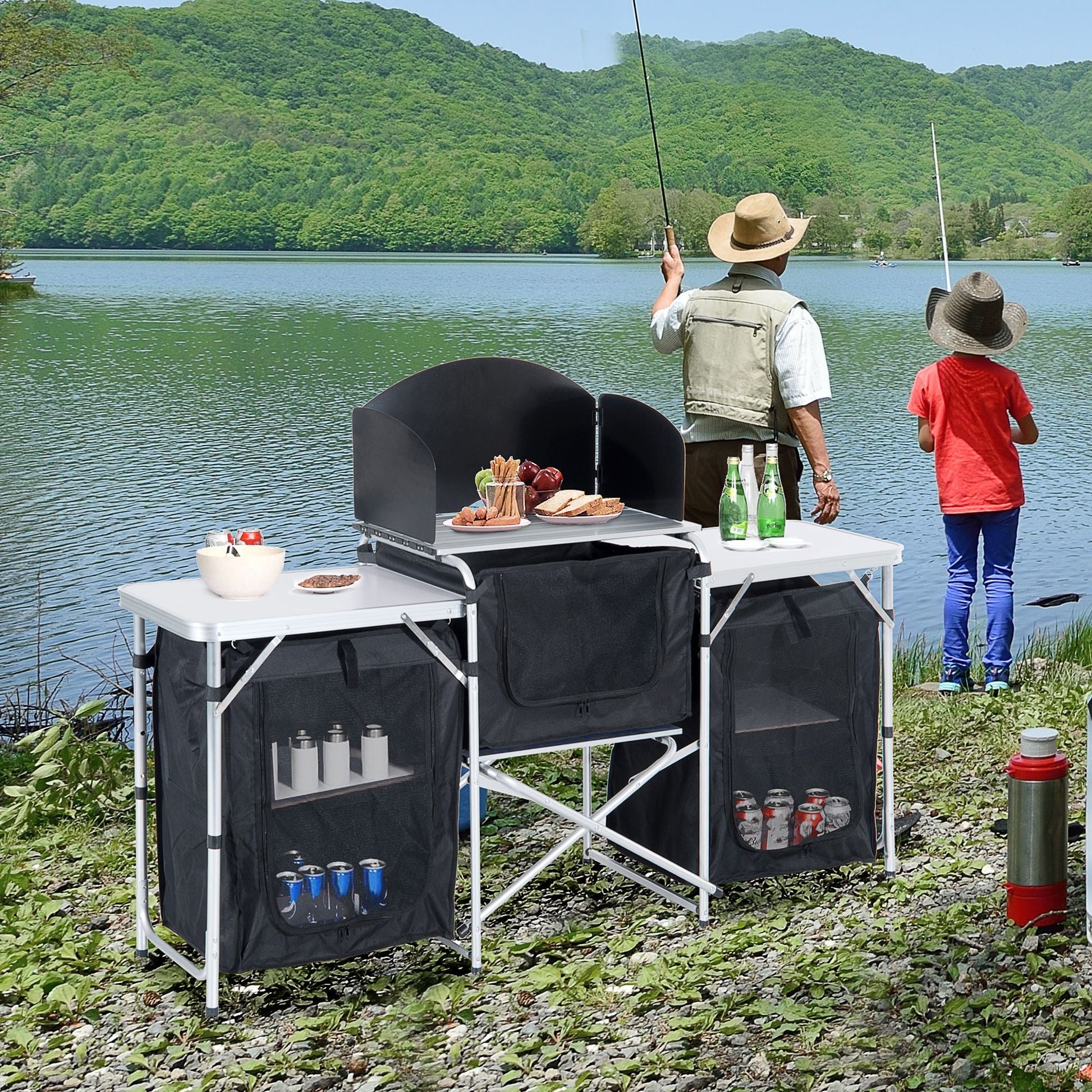 Outsunny Aluminum Portable Camping Kitchen Fold-Up Cooking Table With Windscreen and 3 Enclosed Cupboards for BBQ, Party, Picnics, Backyards Doba