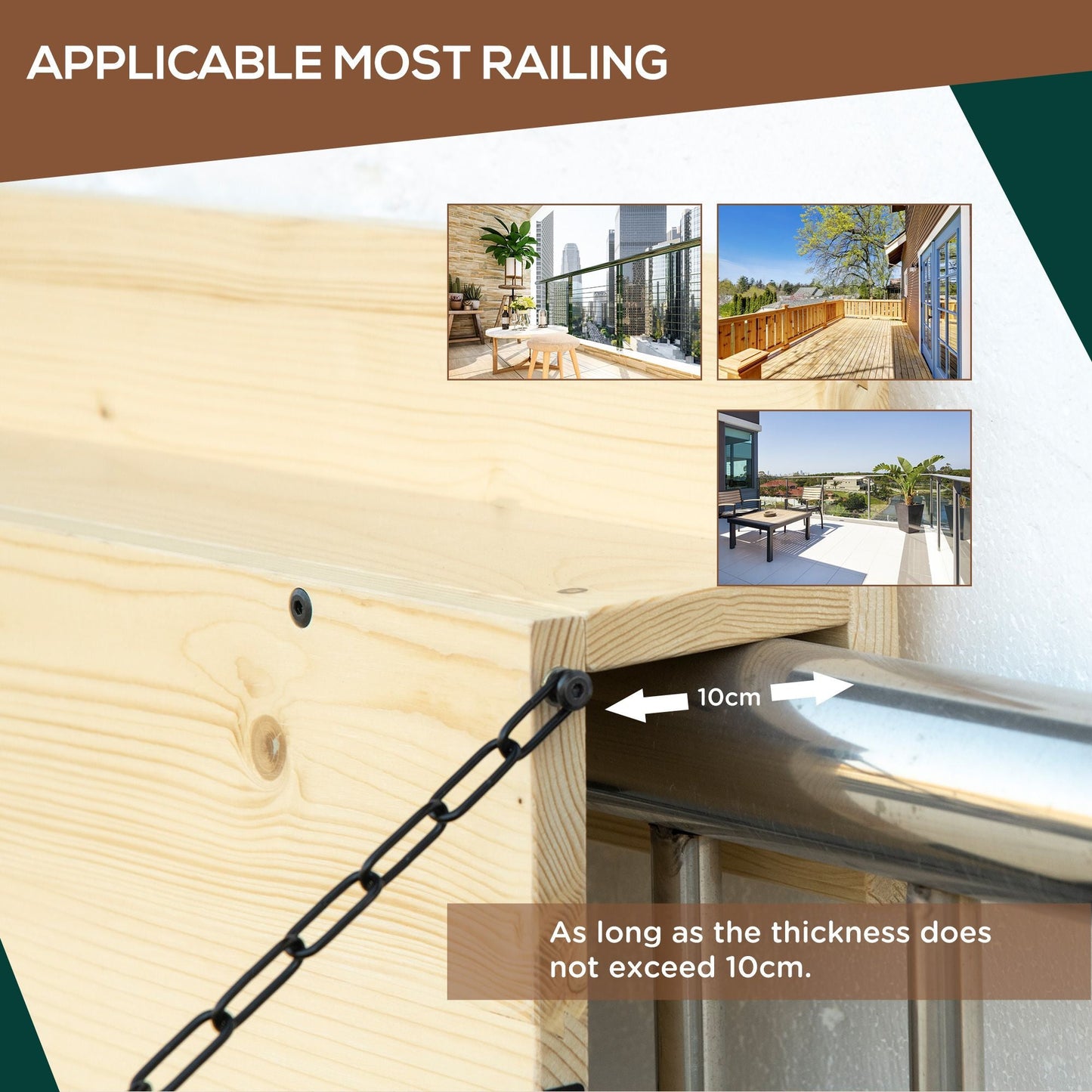 Hanging Balcony Table, Spruce Wood Foldable Railing Bar, Serving Table & Desk, Fits up to 3.9 Inches, Natural Doba