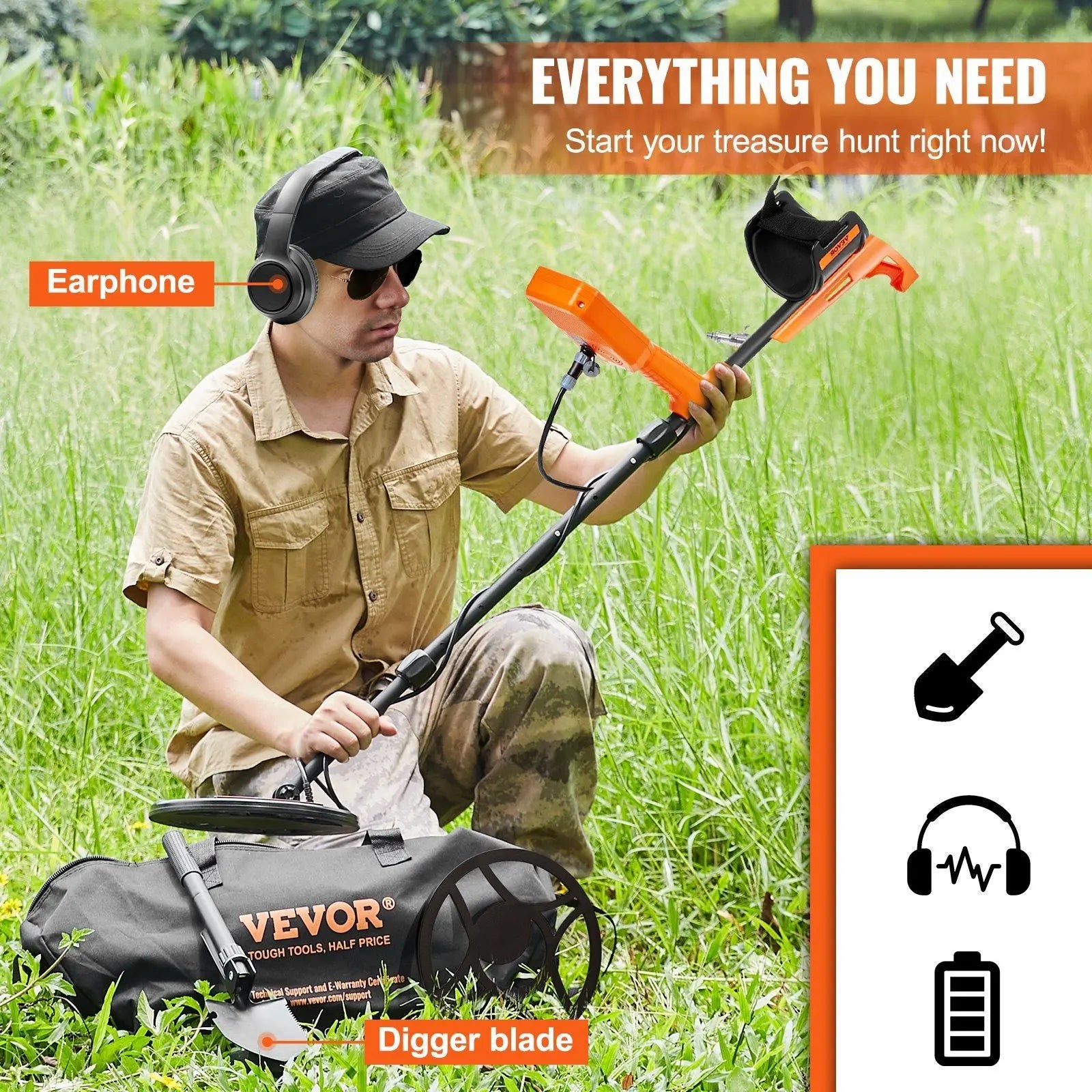 VEVOR Waterproof Metal Detector, 12" Coil, Professional Rechargeable Gold Detector, 39-50 in Adjustable with LCD 7 Modes Advanced DSP Chip Bluetooth Headset, IP68 for Detecting Gold Treasure Hunting Doba