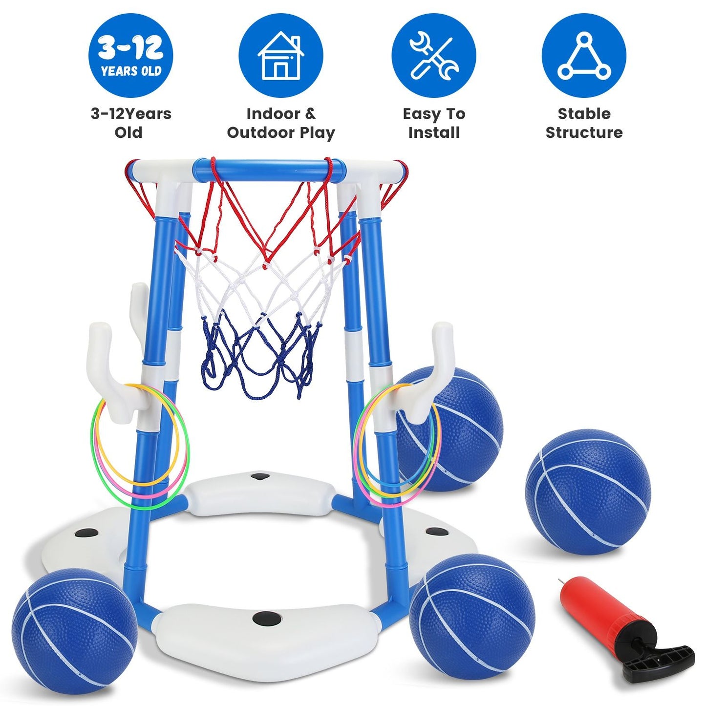 Summer Pool Basketball Hoop Toy Set With 4 Basketballs 4 Circles Pump Floating Swimming Pool Basketball Games Poolside Water Play Toy For 3-12Years Old Kids Adults - Freetyme Store
