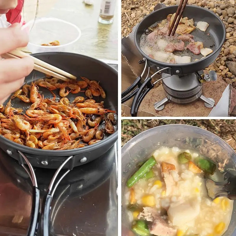 Outdoor portable 2-3 person camping stove cover pot picnic cooker non stick pot teapot combination set including tableware Doba