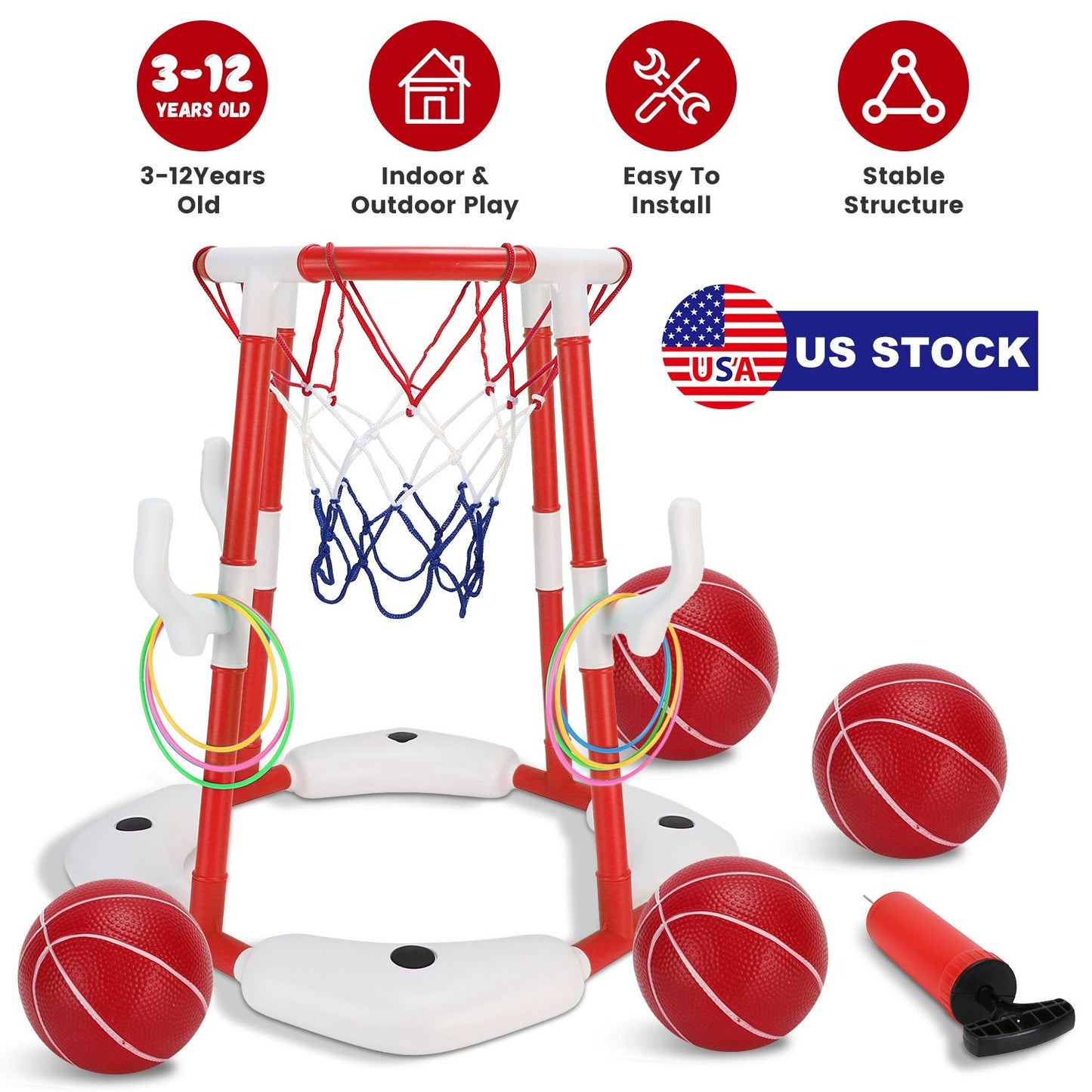 Summer Pool Basketball Hoop Toy Set With 4 Basketballs 4 Circles Pump Floating Swimming Pool Basketball Games Poolside Water Play Toy For 3-12Years Old Kids Adults - Freetyme Store