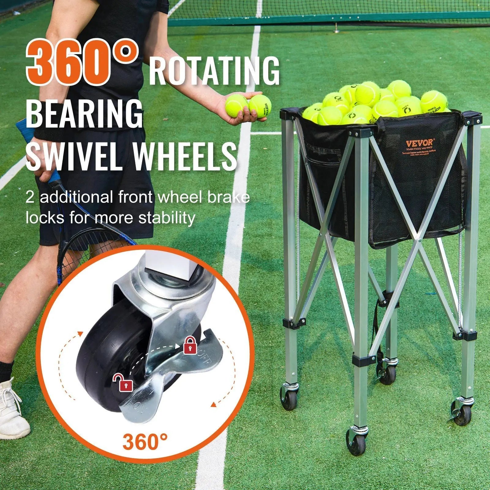 VEVOR Foldable Tennis Ball Hopper, Holds 180 Tennis Balls, Lightweight Aluminum Alloy Tennis Ball Basket Cart with Wheels, Removable Bag, Carry Bag, Portable Sports Teaching Cart for Tennis Player Doba