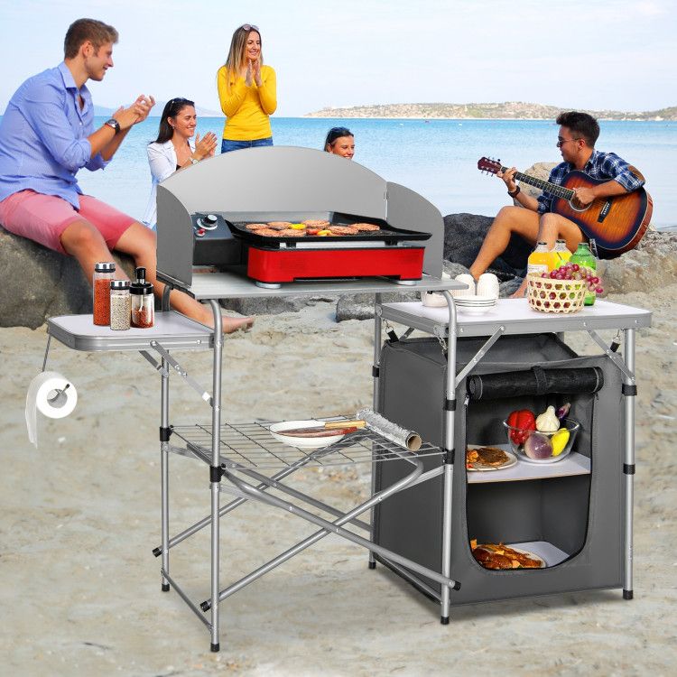 Foldable Outdoor BBQ Portable Grilling Table with Windscreen Bag Doba