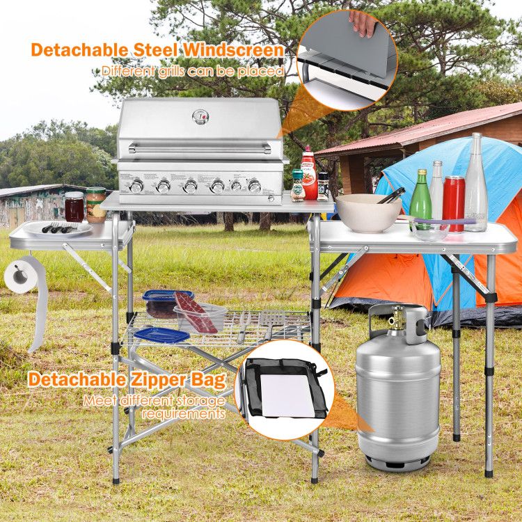 Foldable Outdoor BBQ Portable Grilling Table with Windscreen Bag Doba