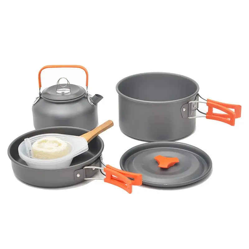 Outdoor portable 2-3 person camping stove cover pot picnic cooker non stick pot teapot combination set including tableware Doba