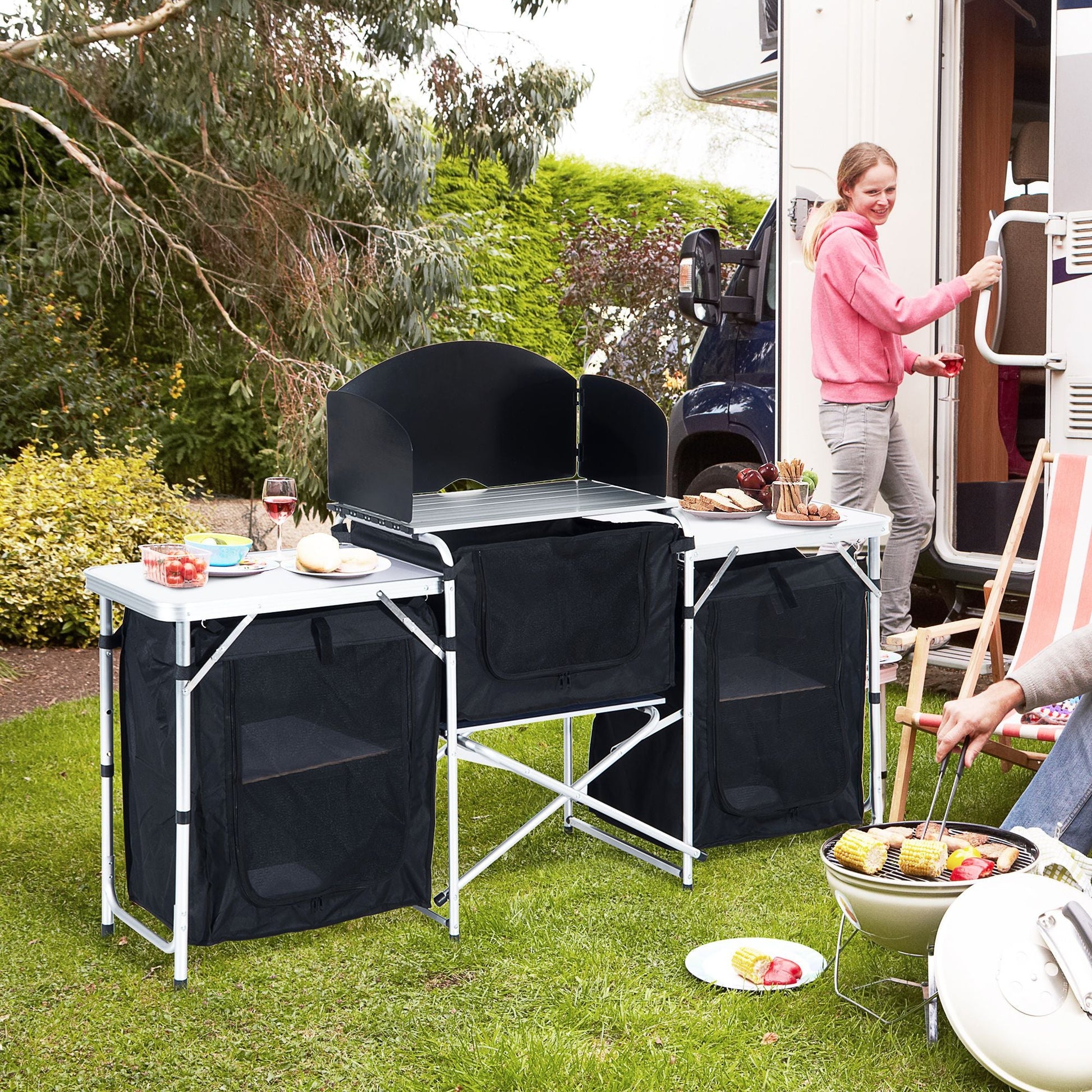 Outsunny Aluminum Portable Camping Kitchen Fold-Up Cooking Table With Windscreen and 3 Enclosed Cupboards for BBQ, Party, Picnics, Backyards Doba