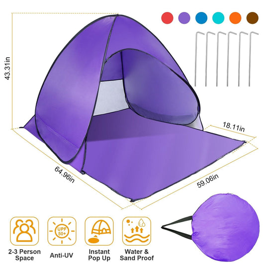 Pop Up Beach Tent Sun Shade Shelter Anti-UV Automatic Waterproof Tent Canopy for 2/3 Man w/ Net Window Storage Bag Doba